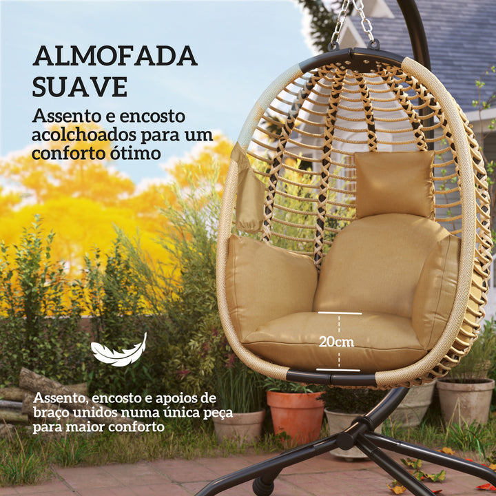 Cadeira Suspensa com Suporte Cesto Dobrável Almofada Apoio de Cabeça Bolso Lateral para Interior e Exterior Capacidade 120 kg Bege