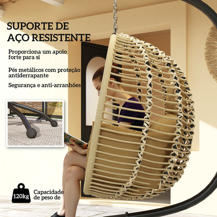 Cadeira Suspensa com Suporte Cesto Dobrável Almofada Apoio de Cabeça Bolso Lateral para Interior e Exterior Capacidade 120 kg Bege