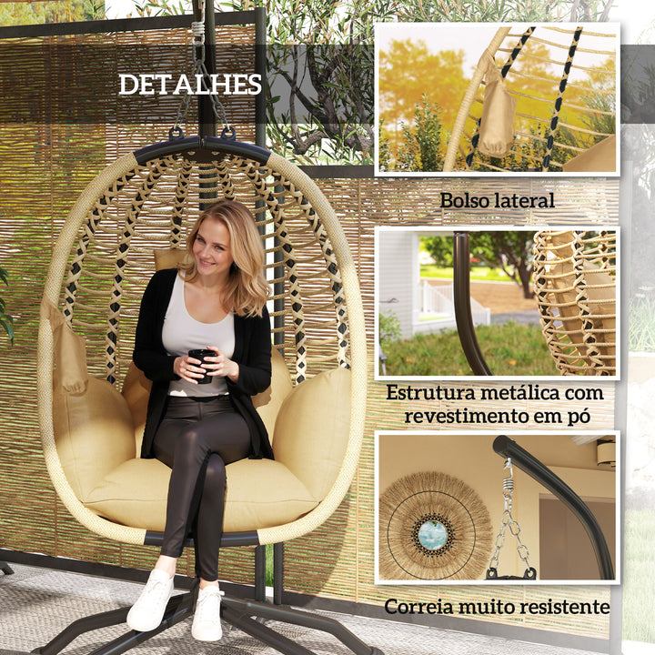 Cadeira Suspensa com Suporte Cesto Dobrável Almofada Apoio de Cabeça Bolso Lateral para Interior e Exterior Capacidade 120 kg Bege