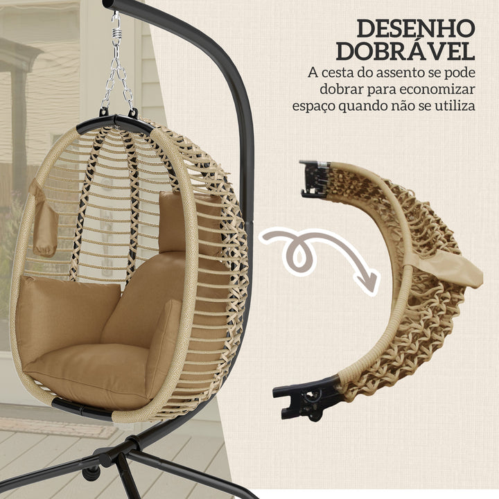 Cadeira Suspensa com Suporte Cesto Dobrável Almofada Apoio de Cabeça Bolso Lateral para Interior e Exterior Capacidade 120 kg Bege