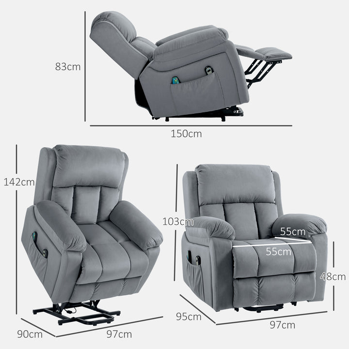Poltrona Reclinável Elétrica com Função de Elevação, Massagem Vibratória e Calor, Comandos Remotos, Apoio para Pés, Pele Sintética, Bolsos Laterais, Cinzento