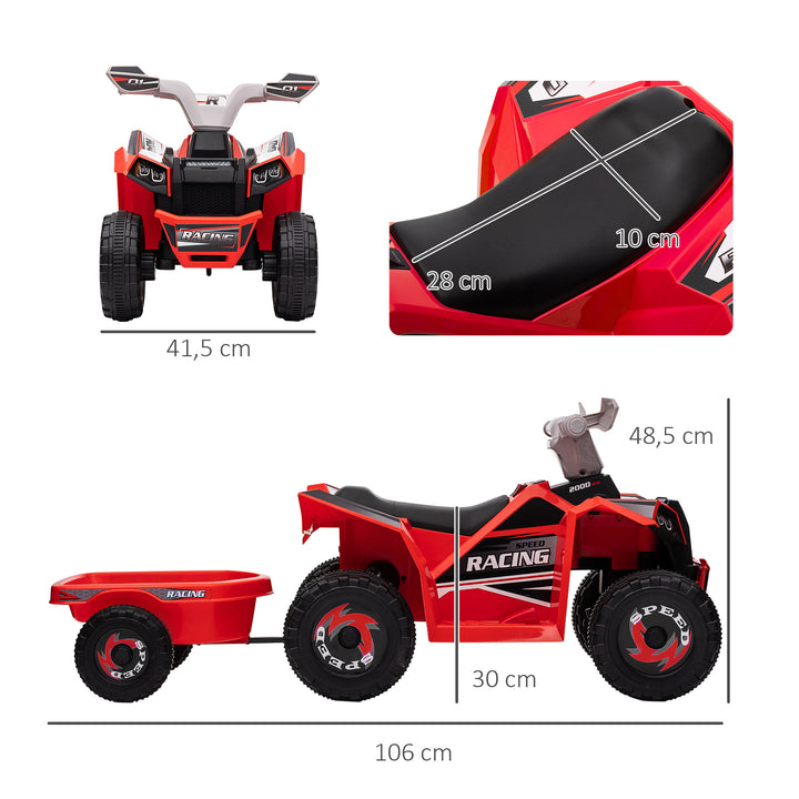 Quadriciclo Elétrico para Crianças com Reboque a Bateria 6V Carro Elétrico para Crianças de 18-36 Meses com Velocidade 2,5 km/h Carga Máxima 106x41,5x48,5 cm Vermelho