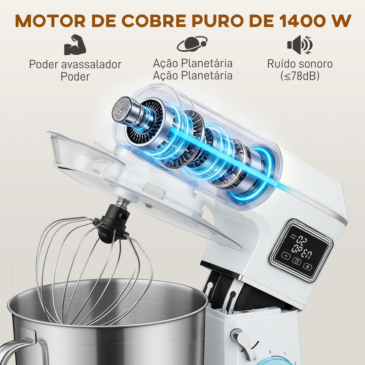 Batedeira Planetária 6L, 1400W, 6 Velocidades, LED, Fermentação, Taça de Aço Inoxidável, Batedor, Gancho, Vara, Protetor contra Salpicos, Branco