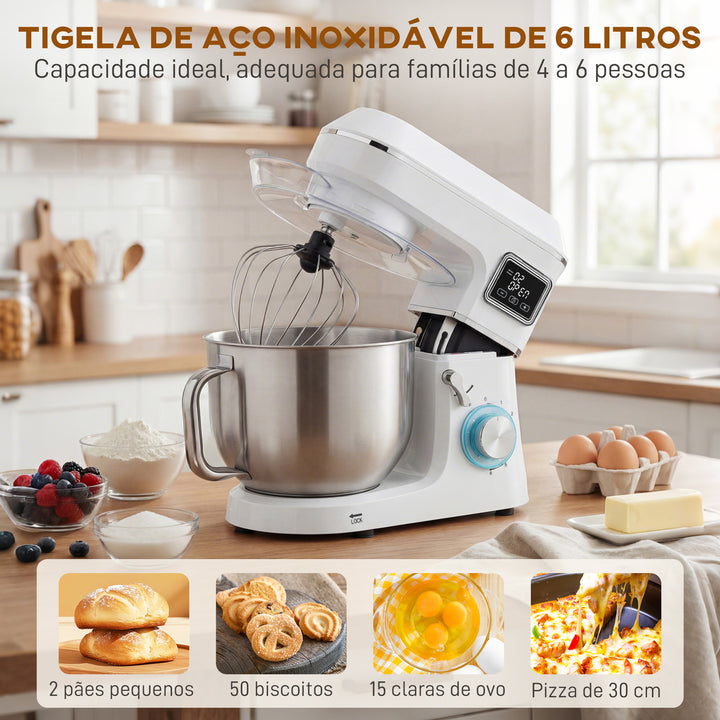 Batedeira Planetária 6L, 1400W, 6 Velocidades, LED, Fermentação, Taça de Aço Inoxidável, Batedor, Gancho, Vara, Protetor contra Salpicos, Branco