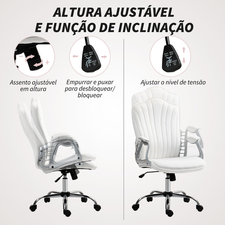 Cadeira de Escritório com Encosto Alto Cadeira para Secretária com Altura Ajustável Apoios de Braços Função Inclinável e Rodas em PU 61x62x106-116 cm Branco