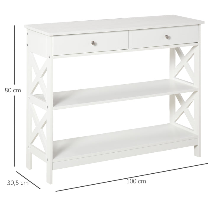 Mesa consola tipo aparador para Corredor com 2 gavetas e 2 prateleiras inferiores Móveis modernos 100x30.5x80 cm Branco