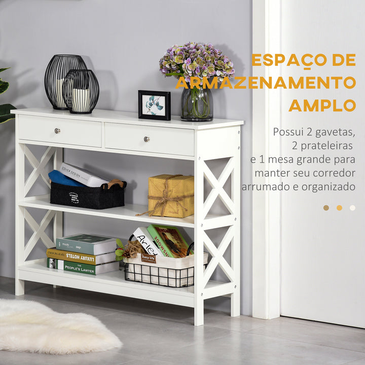 Mesa consola tipo aparador para Corredor com 2 gavetas e 2 prateleiras inferiores Móveis modernos 100x30.5x80 cm Branco