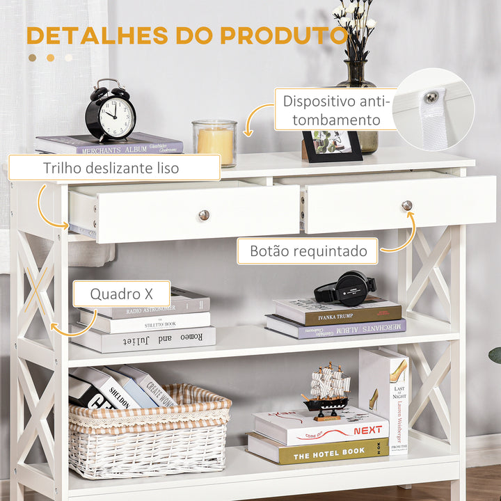 Mesa consola tipo aparador para Corredor com 2 gavetas e 2 prateleiras inferiores Móveis modernos 100x30.5x80 cm Branco