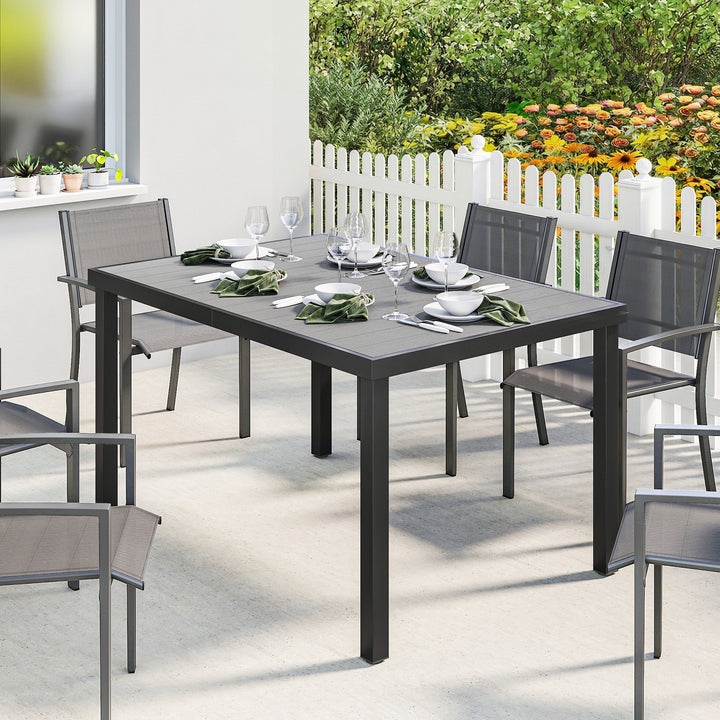 Mesa de Jardim Retangular 140x90x74 cm com Estrutura de Aço e Tampo de Ripas em WPC para Pátio ou Varanda Cinzento