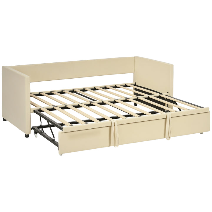 Cama Individual Dupla 2 em 1 com Base Metálica Estofada em Veludo e Cama Inferior Extraível com Rodas para Colchões de 90x190 cm Carga 350 kg Creme