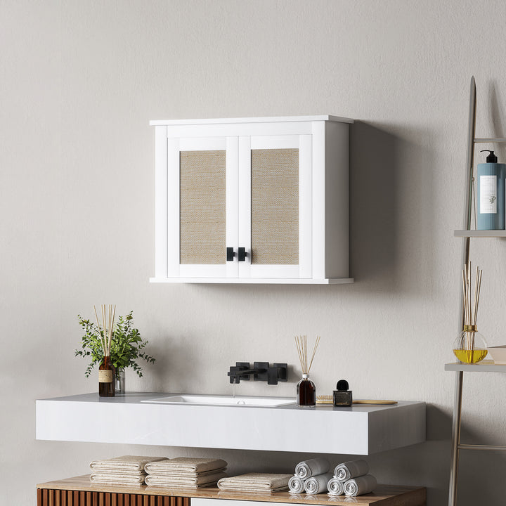 Armário de Parede para Casa de Banho Móvel Casa de Banho Suspenso Armário de Parede para Armazenamento com 2 Portas de Vime PE Prateleira Ajustável 60x19,5x49,4 cm Branco