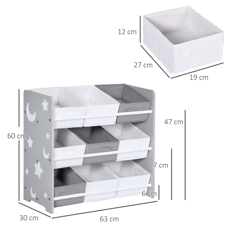 Estante para Brinquedos com 9 Caixas de Tecido não Tecido Amovíveis Organizador de Brinquedos para Dormitório Escola Infantil 63x30x60 cm