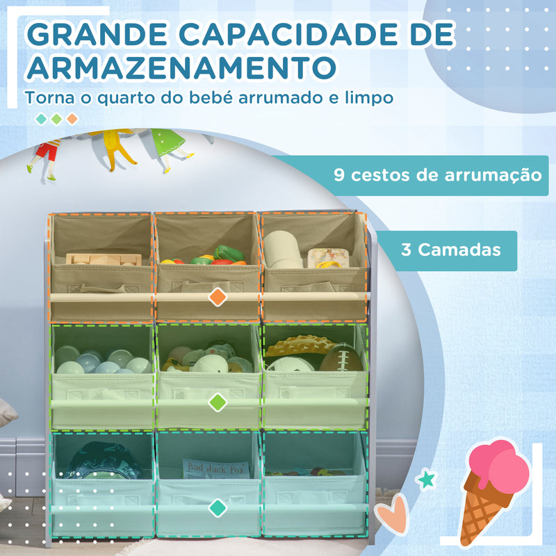 Estante para Brinquedos com 9 Caixas de Tecido não Tecido Amovíveis Organizador de Brinquedos para Dormitório Escola Infantil 63x30x60 cm