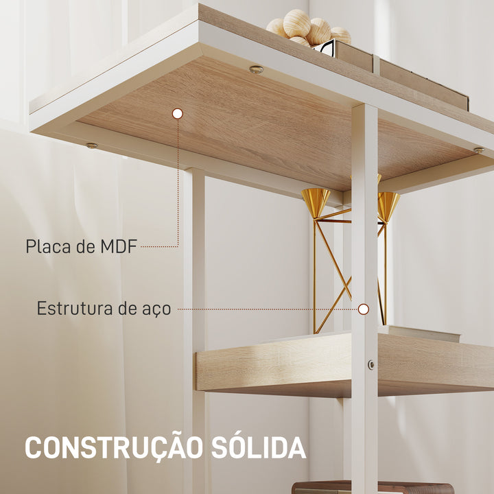 Mesa Auxiliar com Rodas em Forma de C com 2 Prateleiras Abertas Estrutura em Aço para Sala ou Quarto 51x33x66 cm Madeira e Branco