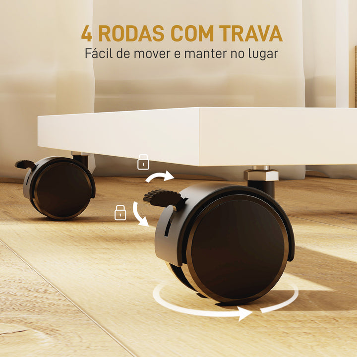 Mesa Auxiliar com Rodas em Forma de C com 2 Prateleiras Abertas Estrutura em Aço para Sala ou Quarto 51x33x66 cm Madeira e Branco