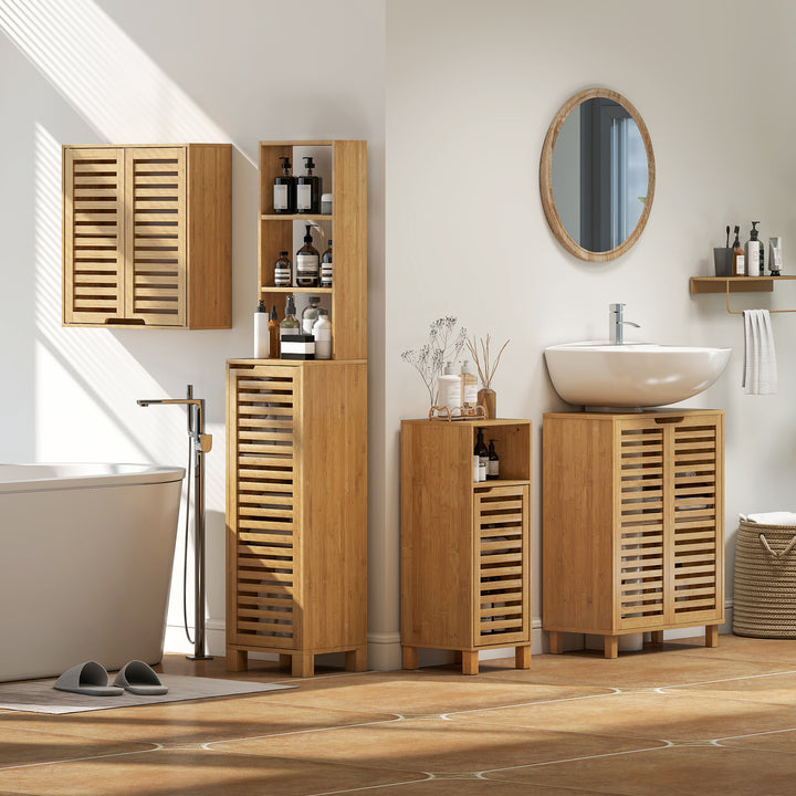 Móvel para Lavatório Pousar Móvel de Casa de Banho de Bambu com 2 Portas de Ripas Prateleira Ajustável para Lavatórios com ou sem Pedestal 60x30x80 cm Madeira