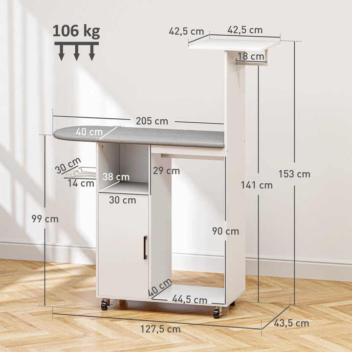 Móvel de Engomar Roupa com Rodas e Suporte Lateral Móvel de Passagem com Tábua de Passar Barra para Roupa Prateleira Ajustável 127,5x43,5x153 cm Branco