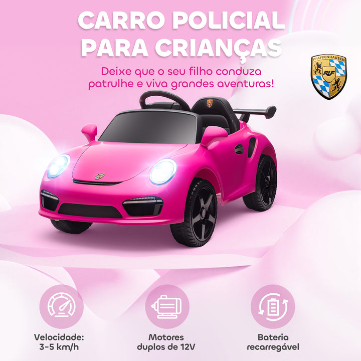 Carro Elétrico para Crianças de Polícia Carro a Bateria 12V com Controlo Remoto 2,4 G Motor Duplo Sirene Música Sem Fios Buzina Rodas Auxiliares e Faróis LED 105x58x49 cm Rosa