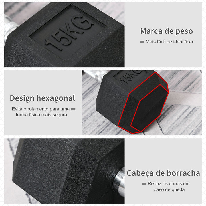Haltere Hexagonal 15 kg Haltere com Barra de Conexão Metálica para treino em Casa Ginásio Escritório Preto e Prata