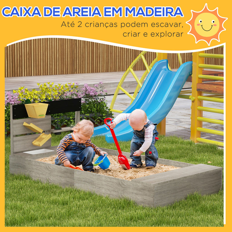 Caixa de Areia para Crianças de Madeira Caixa de Areia Infantil com 2 Assentos 2 Caixas de Plantação e Brinquedos de Cozinha para Pátio Jardim 154x80x60 cm Cinza