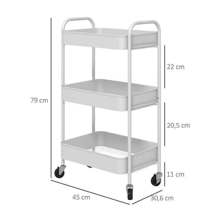 Carrinho Auxiliar de 3 Níveis com Rodas Carrinho de Armazenamento Deslizante com 3 Prateleiras 4 Rodas e 2 Travões para Cozinha Sala 45x30,6x79 cm Branco