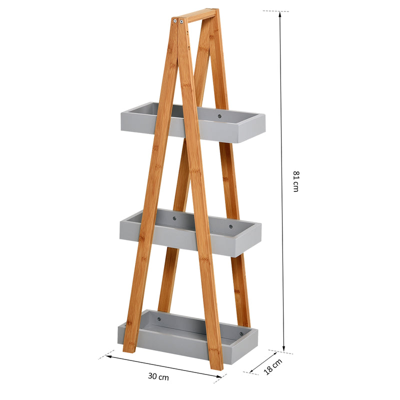 Estante de Bambú para Casa de Banho com 3 Prateleiras de Armazenamento Móvel Organizador para Cozinha Sala de Estar Lavanderia 30x18x81cm Madeira e Cinza