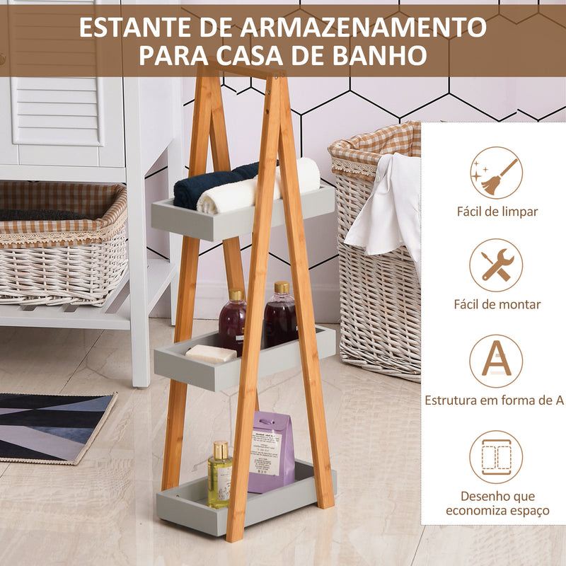 Estante de Bambú para Casa de Banho com 3 Prateleiras de Armazenamento Móvel Organizador para Cozinha Sala de Estar Lavanderia 30x18x81cm Madeira e Cinza