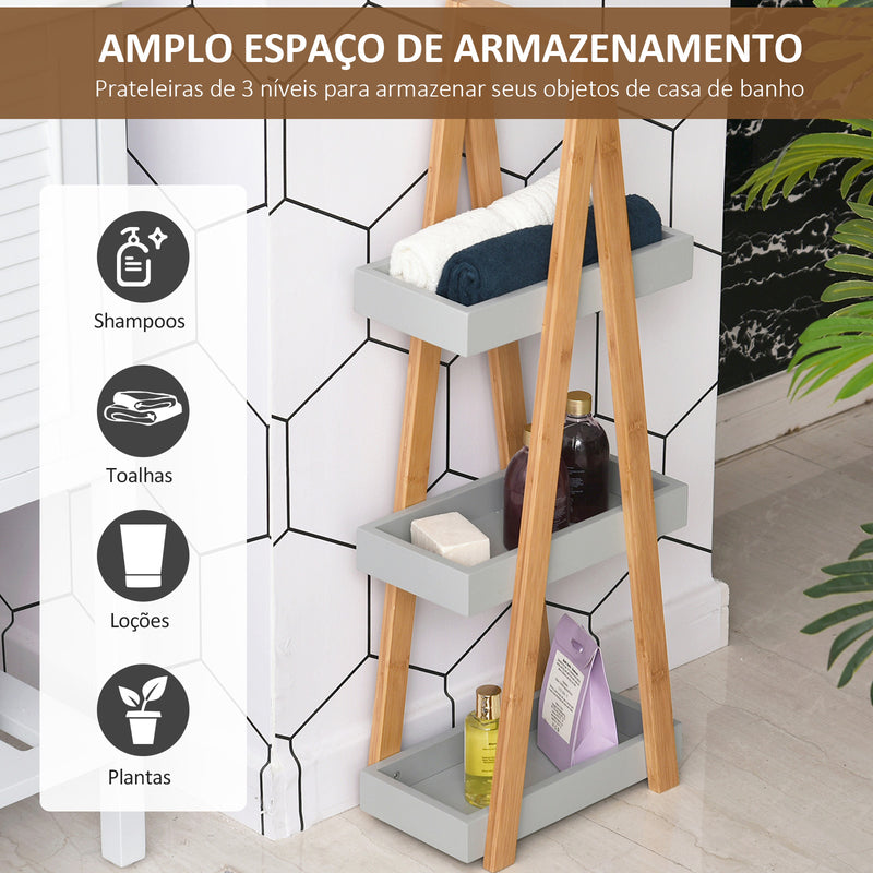 Estante de Bambú para Casa de Banho com 3 Prateleiras de Armazenamento Móvel Organizador para Cozinha Sala de Estar Lavanderia 30x18x81cm Madeira e Cinza