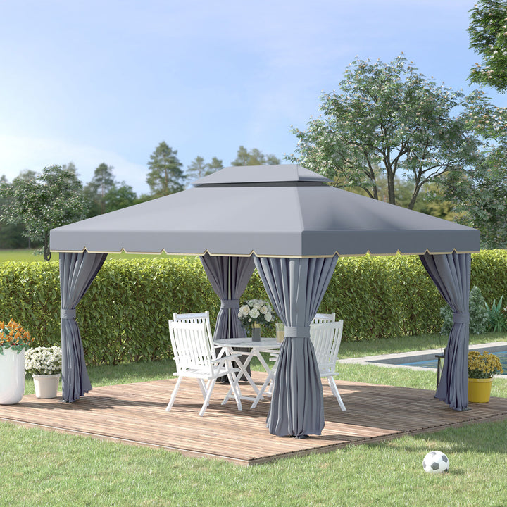 Pavilhão de Jardim 4x3 m, Gazebo com Telhado Duplo, 4 Cortinas e Rede Mosquiteira, Estrutura de Alumínio, Orifícios de Drenagem, UPF50+, Tenda para Exterior, Terraço, Cinzento