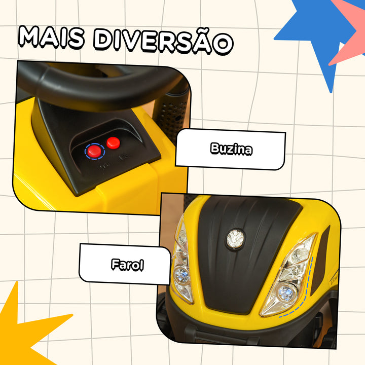 Trator para Crianças de 12-36 Meses com Reboque Removível Carro Andador com Buzina Farol Pá e Ancinho Carga 25kg 91x29x44cm Amarelo