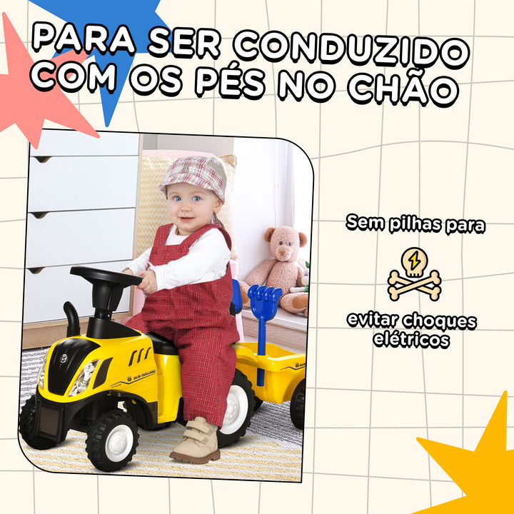 Trator para Crianças de 12-36 Meses com Reboque Removível Carro Andador com Buzina Farol Pá e Ancinho Carga 25kg 91x29x44cm Amarelo