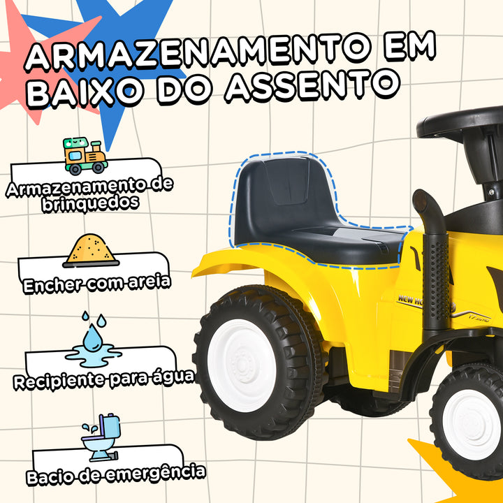 Trator para Crianças de 12-36 Meses com Reboque Removível Carro Andador com Buzina Farol Pá e Ancinho Carga 25kg 91x29x44cm Amarelo