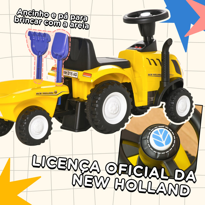 Trator para Crianças de 12-36 Meses com Reboque Removível Carro Andador com Buzina Farol Pá e Ancinho Carga 25kg 91x29x44cm Amarelo