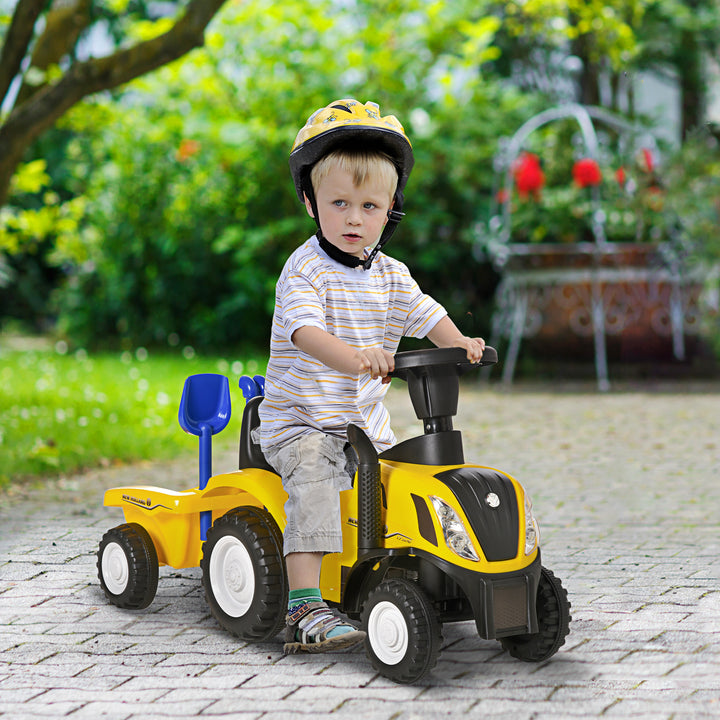 Trator para Crianças de 12-36 Meses com Reboque Removível Carro Andador com Buzina Farol Pá e Ancinho Carga 25kg 91x29x44cm Amarelo