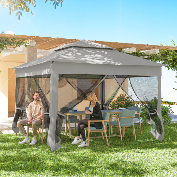 Tenda Dobrável Exterior 325x325x270 cm Tenda de Jardim com Teto Duplo Rede Mosquiteira Amovível e Bolsa de Transporte para Jardim Pátio Cinzento