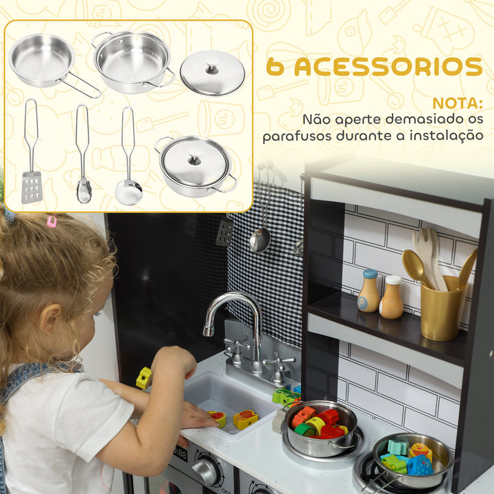 Cozinha de Madeira com Som Cozinha de Brincar Infantil com Acessórios em Aço Inoxidável Frigorífico Micro-Ondas, Lava-Loiça Brinquedos para Crianças a partir dos 3 Anos 81x27x79,7 cm Castanho Escuro