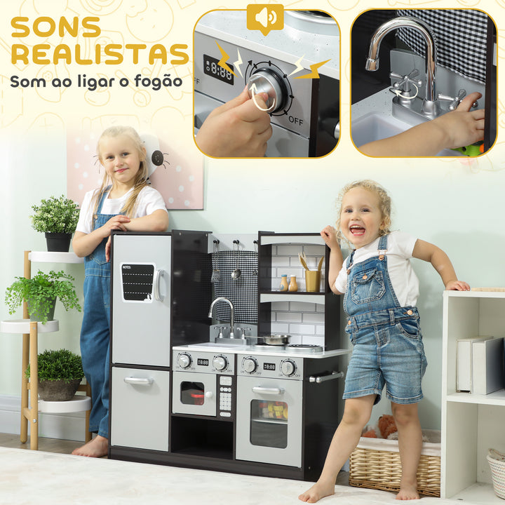 Cozinha de Madeira com Som Cozinha de Brincar Infantil com Acessórios em Aço Inoxidável Frigorífico Micro-Ondas, Lava-Loiça Brinquedos para Crianças a partir dos 3 Anos 81x27x79,7 cm Castanho Escuro