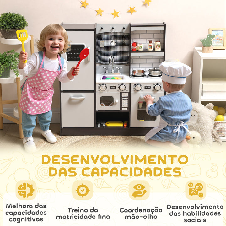 Cozinha de Madeira com Som Cozinha de Brincar Infantil com Acessórios em Aço Inoxidável Frigorífico Micro-Ondas, Lava-Loiça Brinquedos para Crianças a partir dos 3 Anos 81x27x79,7 cm Castanho Escuro
