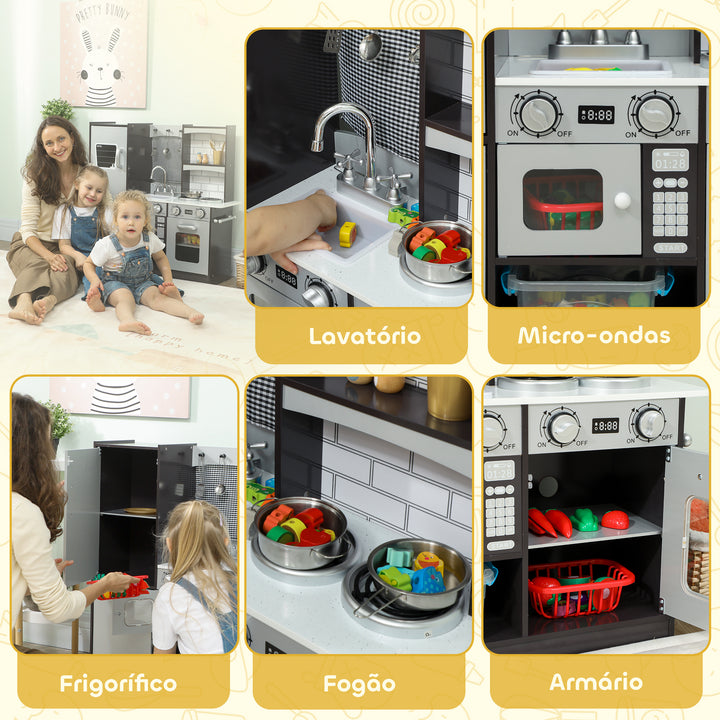 Cozinha de Madeira com Som Cozinha de Brincar Infantil com Acessórios em Aço Inoxidável Frigorífico Micro-Ondas, Lava-Loiça Brinquedos para Crianças a partir dos 3 Anos 81x27x79,7 cm Castanho Escuro