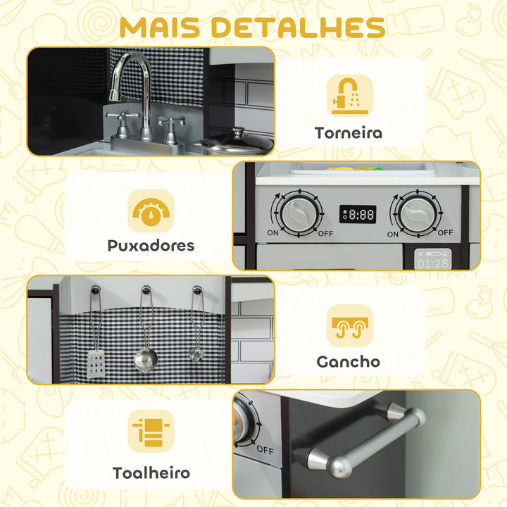 Cozinha de Madeira com Som Cozinha de Brincar Infantil com Acessórios em Aço Inoxidável Frigorífico Micro-Ondas, Lava-Loiça Brinquedos para Crianças a partir dos 3 Anos 81x27x79,7 cm Castanho Escuro