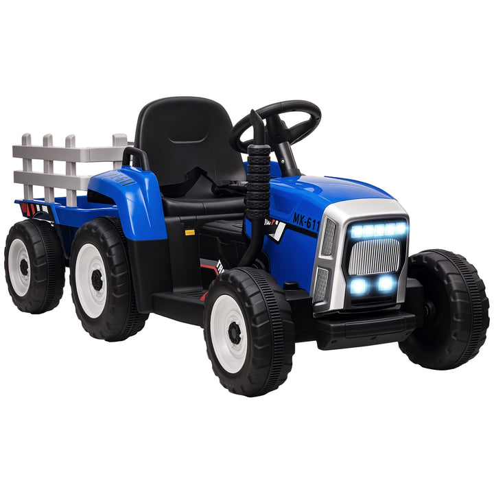 Trator Elétrico com Reboque Amovível Carro Elétrico para Crianças 3-6 Anos com Controlo Remoto Música MP3 Luzes e Cinto de Segurança 136,5x50x52,5 cm Azul