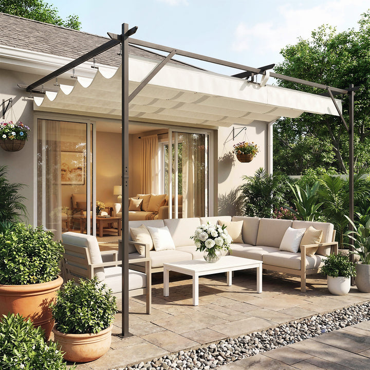 Pérgola de Parede de Jardim 4x3 m Pérgola de Jardim com Telhado Retrátil Proteção UPF30+ Orifícios de Drenagem e Estrutura Metálica Pérgola para Terraço Jardim Exterior Creme