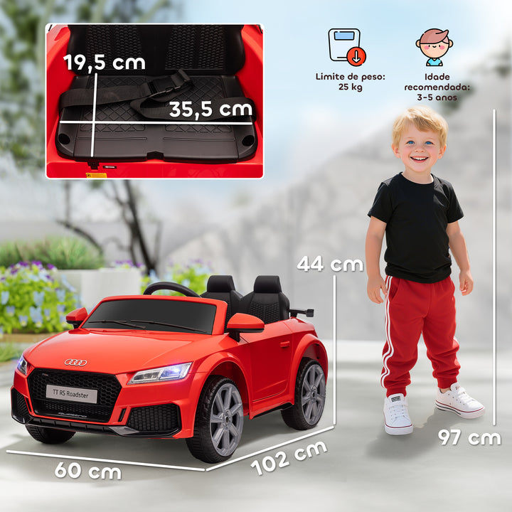 Carro elétrico infantil Audi TT RS acima de 3 anos Bateria 6V Carga 30 kg Vermelho 103x63x44cm