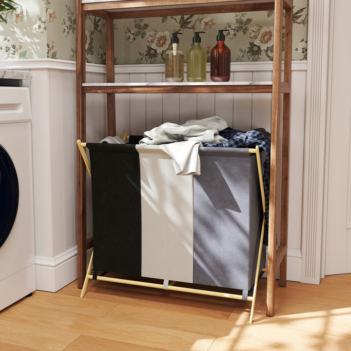 Cesto para Roupa Suja Dobrável com 3 Compartimentos Capacidade de 129L Cesto para a Lavandaria com Estrutura em Forma de X de Bambu e Sacos Removíveis 75x48x67 cm Multicolor
