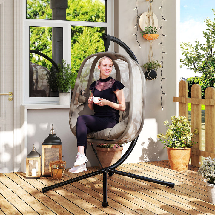 Poltrona Suspensa com Suporte de Aço Poltrona Suspensa com Cesto Dobrável e Almofadas para Interior e Exterior 126x96x172cm Cor Areia