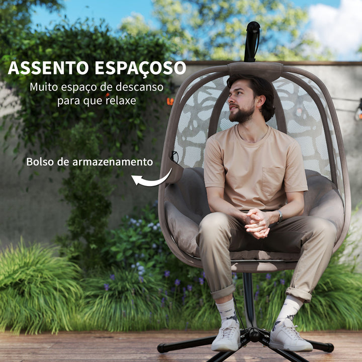 Poltrona Suspensa com Suporte de Aço Poltrona Suspensa com Cesto Dobrável e Almofadas para Interior e Exterior 126x96x172cm Cor Areia