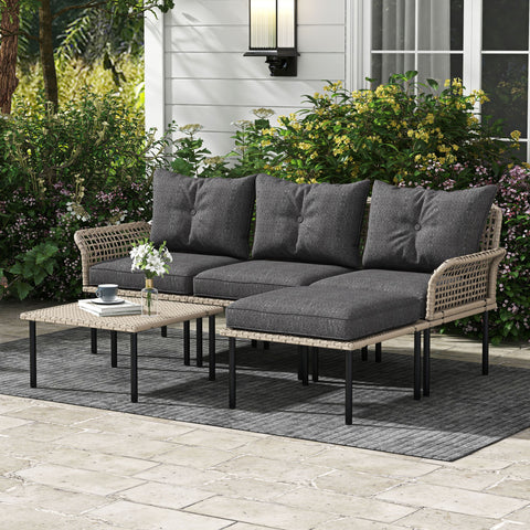 Conjunto de Jardim em Vime Sintético Conjunto de Móveis de Exterior com Sofá de 4 Módulos 1 Mesa de Centro e Almofadas Cinza