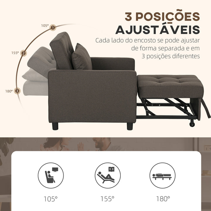 Sofá Cama Individual Poltrona com 4 Rodas Encosto Reclinável Almofada Extra e Assento Acolchoado Carga 100 kg para Escritório Dormitório Sala de Estar 69x82,5x84 cm Cinzento