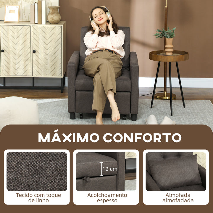 Sofá Cama Individual Poltrona com 4 Rodas Encosto Reclinável Almofada Extra e Assento Acolchoado Carga 100 kg para Escritório Dormitório Sala de Estar 69x82,5x84 cm Cinzento
