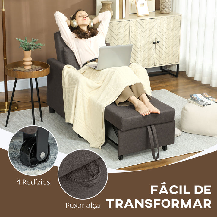 Sofá Cama Individual Poltrona com 4 Rodas Encosto Reclinável Almofada Extra e Assento Acolchoado Carga 100 kg para Escritório Dormitório Sala de Estar 69x82,5x84 cm Cinzento